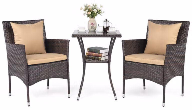 Set di mobili da giardino COSTWAY in polyrattan, mobili da balcone con 2 poltrone, tavolo in vetro e cuscini, salottino da giardino per 2 persone, salottino, mix marrone+beige