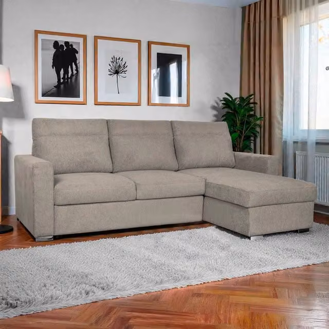Divano Elba beige con letto estraibile e penisola contenitore reversibile in tessuto per il tuo soggiorno – 1