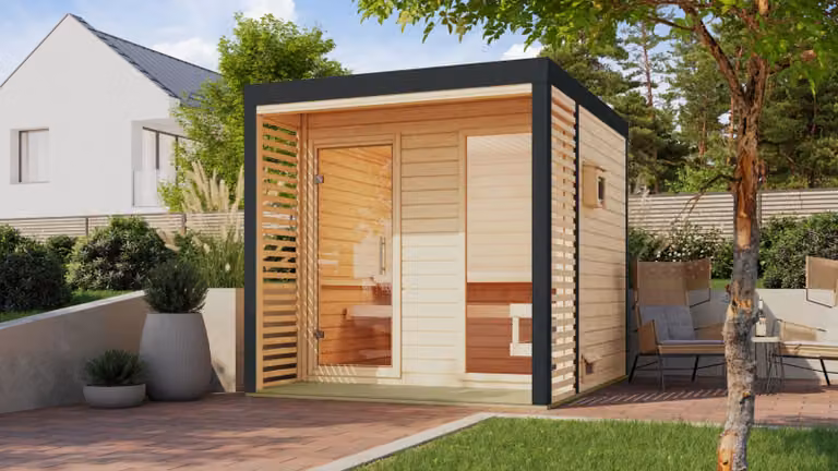 Casa della sauna Karibu sauna esterna sauna da giardino Ares 2 non trattata senza accessori 38mm legno massiccio 237x276x232 cm metallo colore: antracite