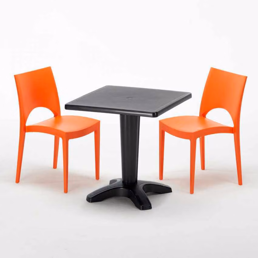 Tavolo quadrato nero e 2 sedie in polipropilene colorato Set di bastoni per interni Grand Soleil Paris Aia - Arancione