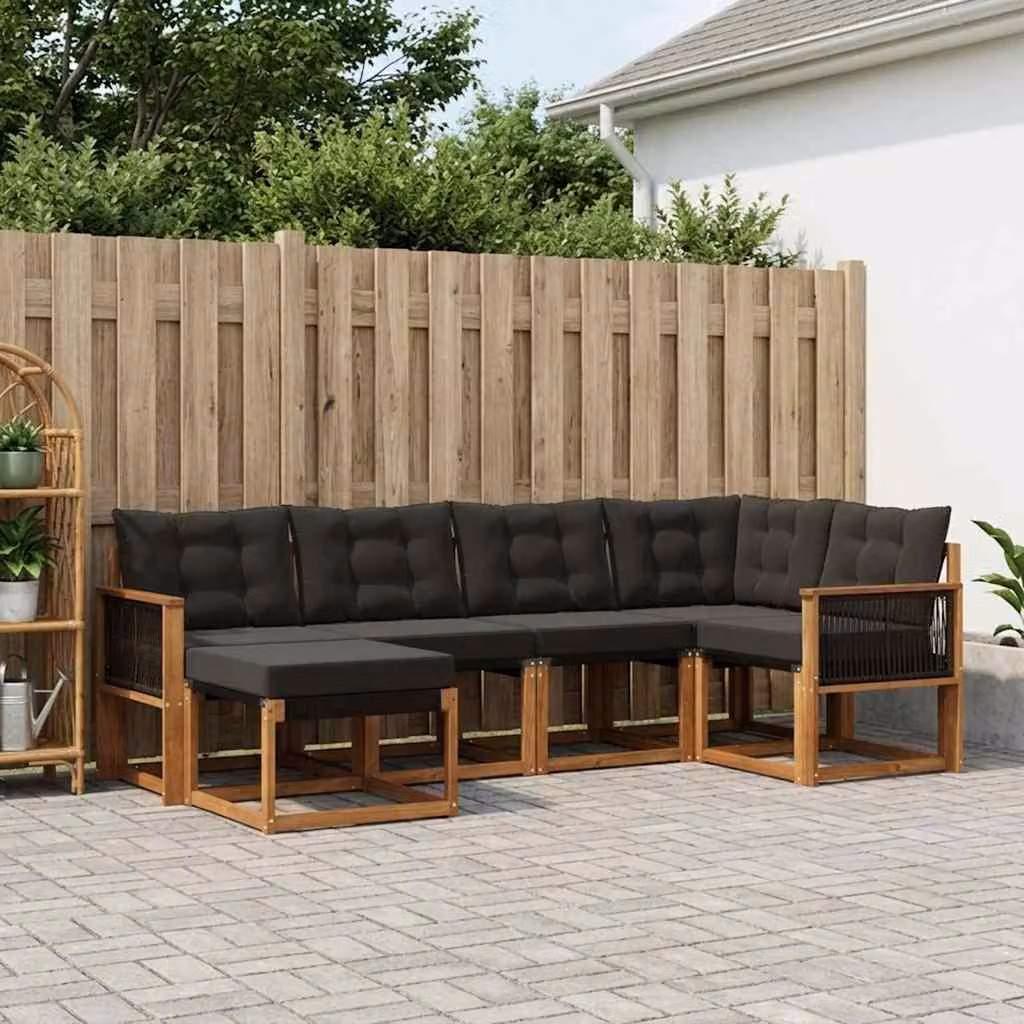 Set di divani da esterno vidaXL a forma di L con 6 pezzi, in legno di acacia e tessuto textilene, colore marrone e nero