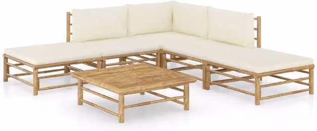 Set di mobili da giardino Outsunny in bambù con cuscini bianchi, composizione a L con divano, tavolino e pouf per 6 persone