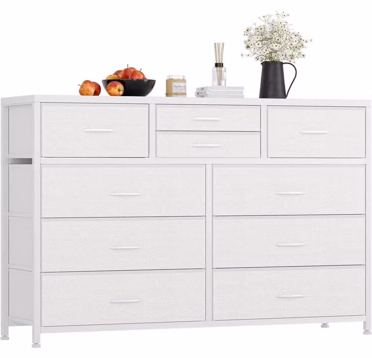 Comodino imbottito con 10 cassetti, struttura in acciaio, piano in legno, colore bianco