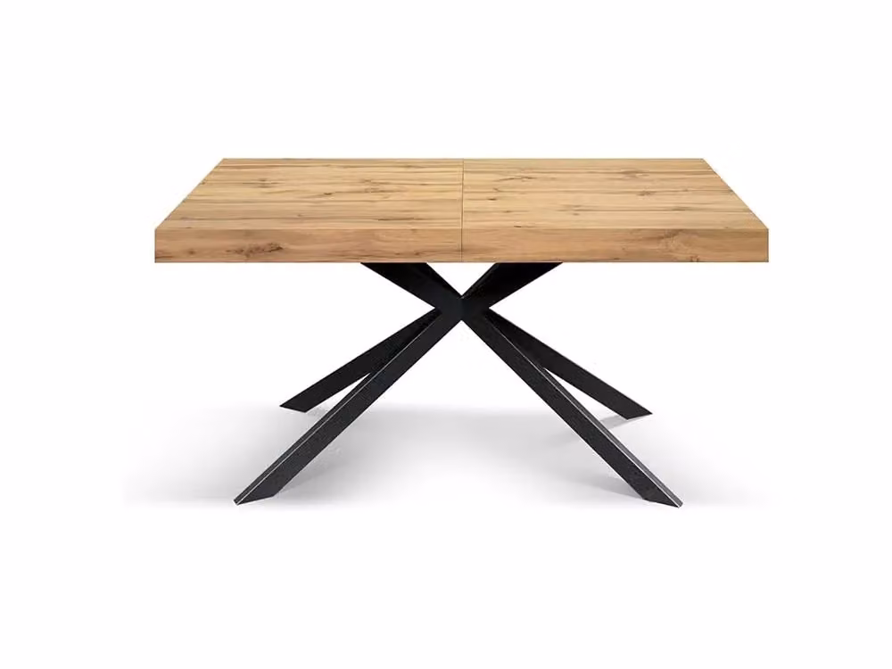 Tavolo CAMAIORE in legno, finitura rovere rustico e base a X in metallo antracite, allungabile 160×90 cm – 240×90 cm