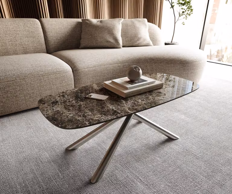 DELIFE Tavolino Edge Boot 100x50 cm Vetroceramica Laminam® Emperador Extra Lucidato Marrone scuro Sarity Acciaio inossidabile spazzolato
