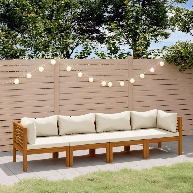 The Living Store Divano da giardino a 4 posti con cuscini crema in legno massiccio di acacia