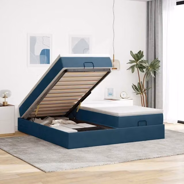 Letto con contenitore a sollevamento vidaXL in velluto blu e bianco con materasso L 180 x P 200 x H 203 cm