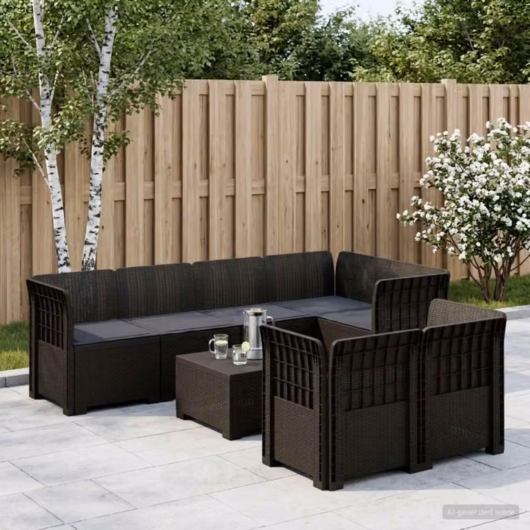 Set da giardino vidaXL a forma di U con 7 posti, in polyrattan con cuscini inclusi, resistente ai raggi UV e alle intemperie, colore antracite/grigio/marrone