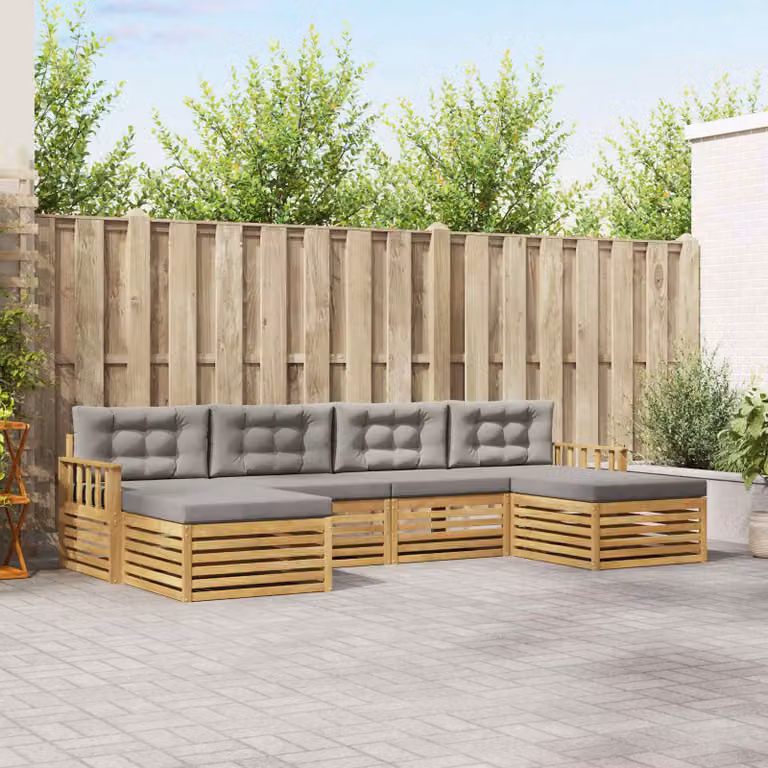 vidaXL Set di divani da esterno a L in legno di acacia con pouf, 6 pezzi, Bianco e Grigio