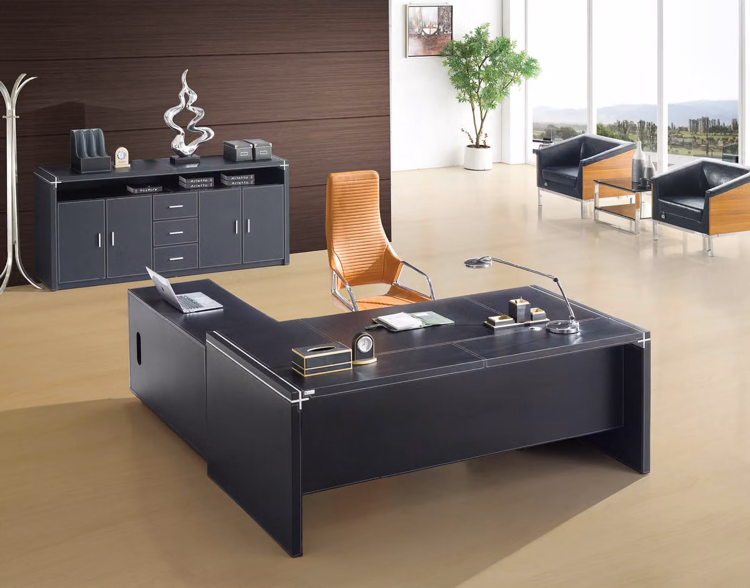 Moderner Eckschreibtisch aus MDF mit Edelstahl in Holzoptik