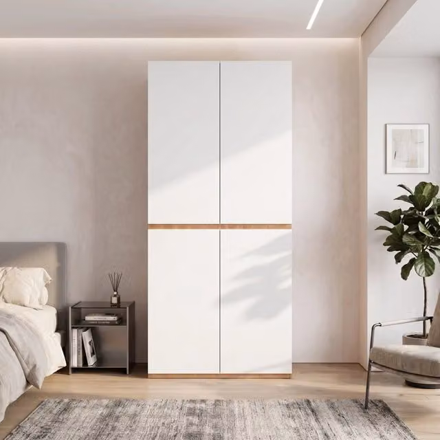 Armadio alto 90 x 50 x 200 cm; cassetto portagioie; 4 ante; 1 asta appendiabiti; 2 cassetti; rovere/bianco