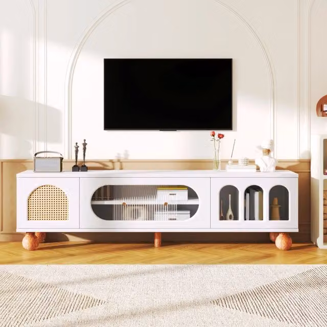 Mobile TV moderno WISHDOR bianco con ante in legno e vetro L/P/H: 170 x 47 x 37 cm