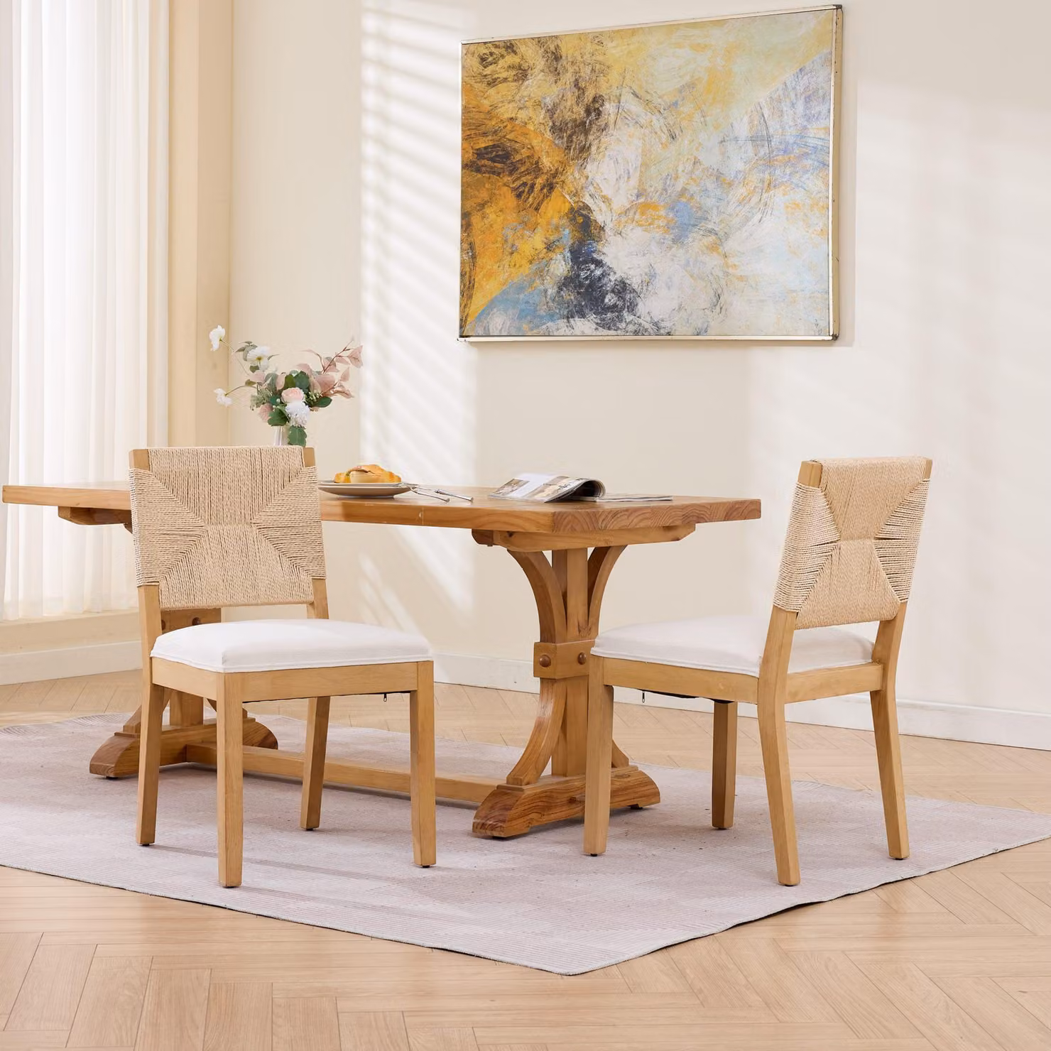 Set di 2 sedie da pranzo, stile Mid-Century, in rattan/corda, legno, schienale in vimini, imbottite, rivestite in lino