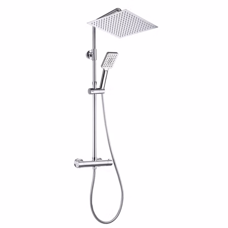JOHO Colonna Doccia con Termostato, Fori Regolabili, Cromo, Asta Doccia Acciaio Inox Set Doccia a Pioggia con Miscelatore, Doccetta, Soffione 30x30cm