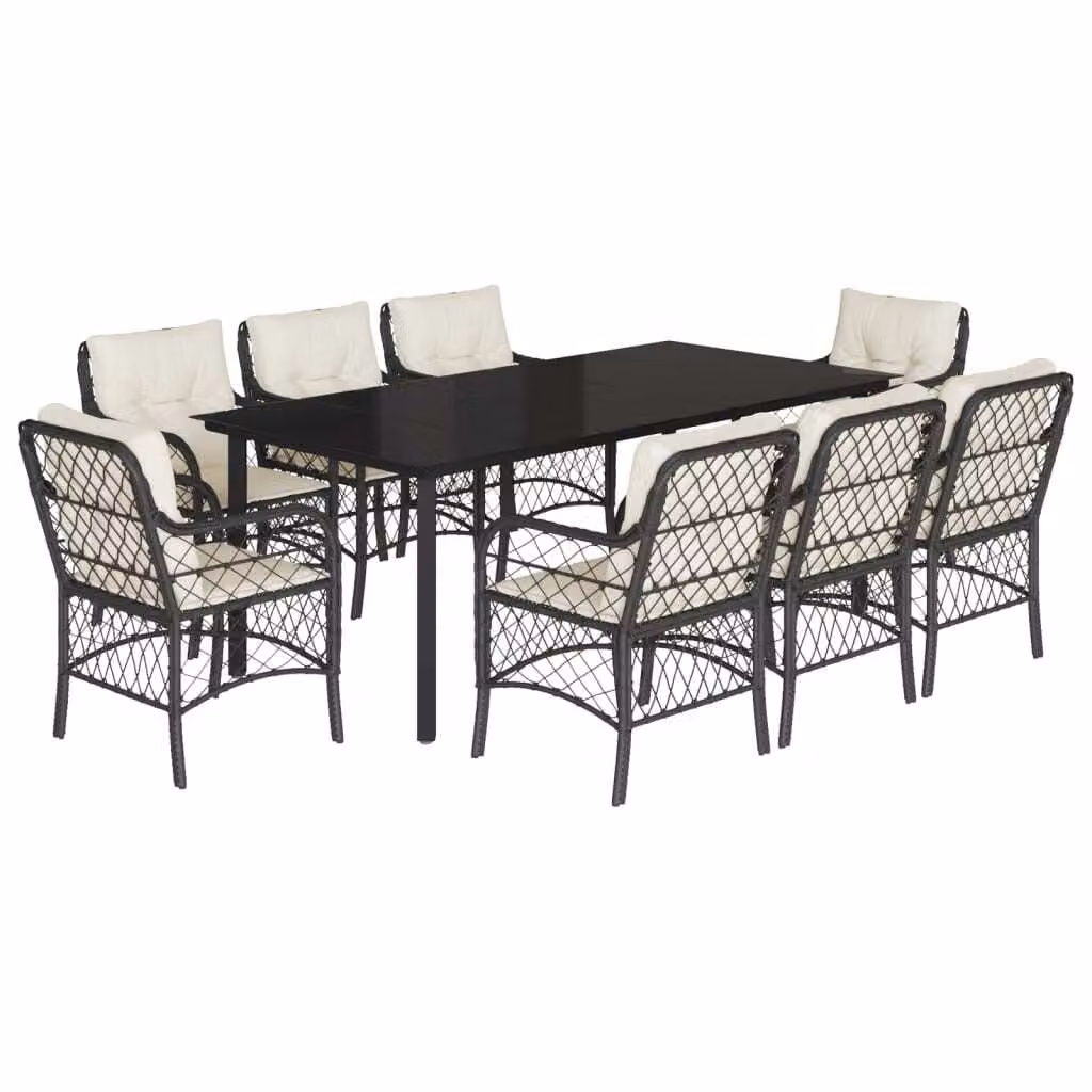 Set da Pranzo da Giardino 9 pz con Cuscini Nero in Polyrattan