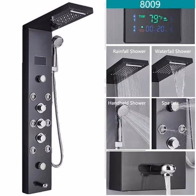 Apparecchio doccia a LED, display della temperatura, sistema di massaggio per il corpo, nero 8009