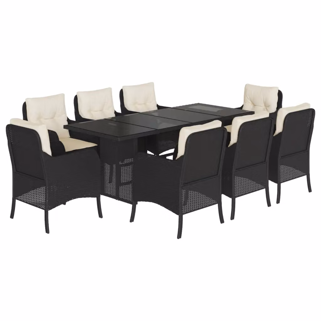 Set da Pranzo da Giardino vidaXL in Polyrattan Nero con Cuscini e Tavolo in Vetro, 9 Pezzi – 2