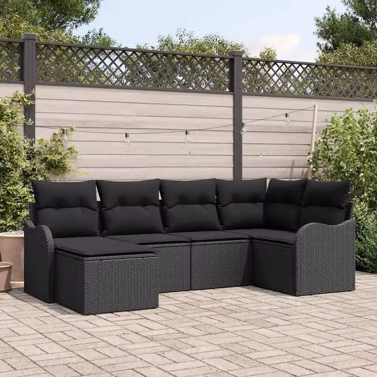 Set Divano da Giardino a L vidaXL 6 Pezzi in Polyrattan Nero con Cuscini e Tavolino