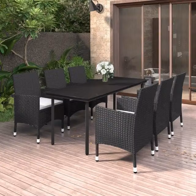 Set da Pranzo da Giardino 7 pz e Cuscini in Polyrattan e Vetro 3099683