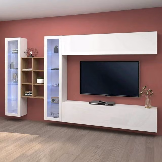Parete Attrezzata Mobile Soggiorno Alezio DMORA Bianco Lucido L: 280 cm, P: 30 cm, H: 180 cm