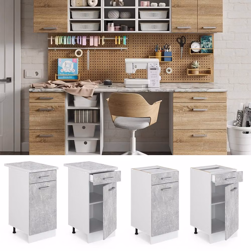 Base universale R-Line Vicco in effetto calcestruzzo con cassetto, senza piano di lavoro, grigio e bianco – 2