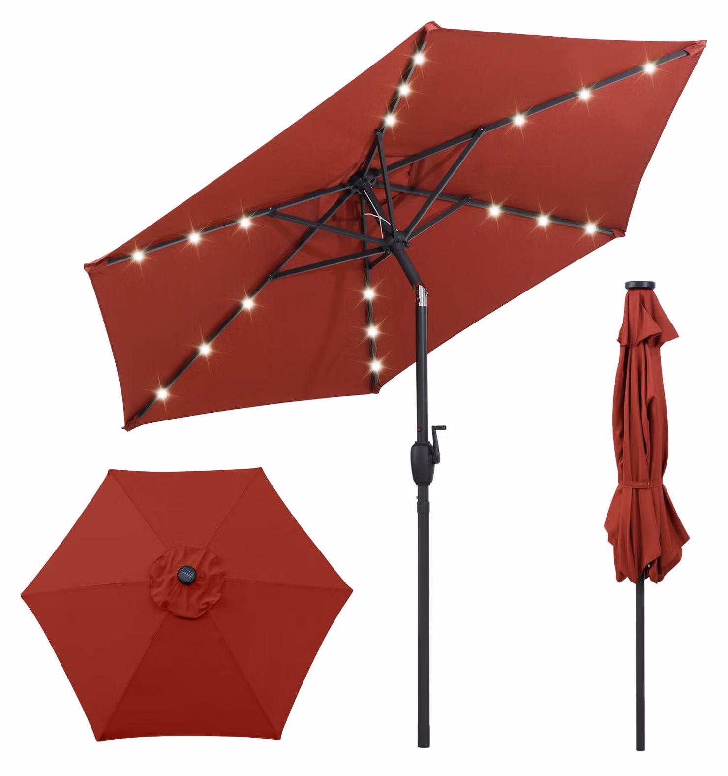 Ombrellone COSTWAY da 230 cm con illuminazione solare a LED, 6 stecche e manovella, ombrellone da giardino inclinabile di 35° su entrambi i lati, ombrellone da terrazza, modello "Marktschirm", rosso