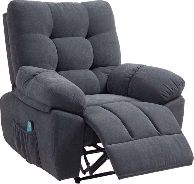 Poltrona relax reclinabile elettromotrice con braccioli e struttura in metallo, rivestimento in tessuto grigio per soggiorno e camera da letto
