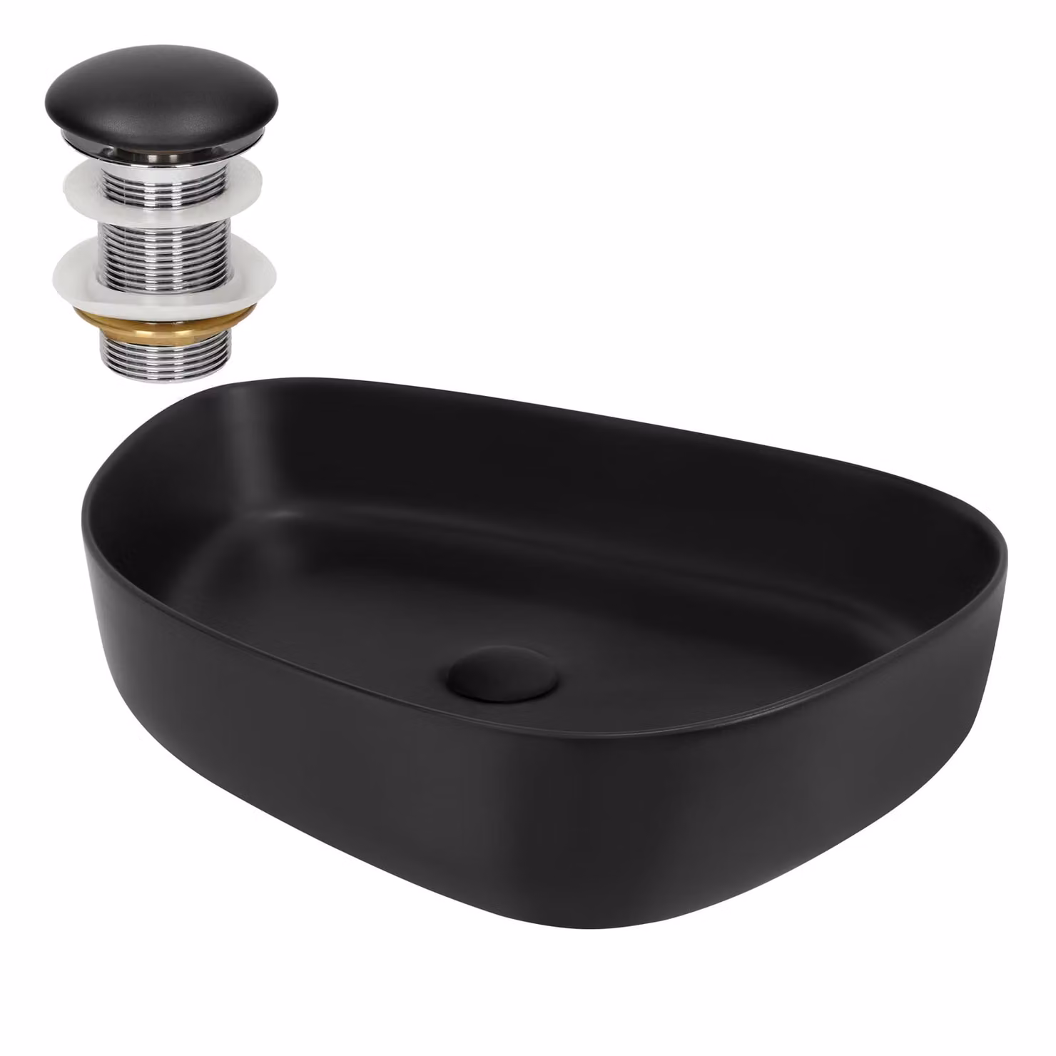 Lavabo LuxeBath Lavabo da appoggio ovale, 55x42x14 cm, nero, in Vetroceramica, incl. set di scarico senza troppopieno