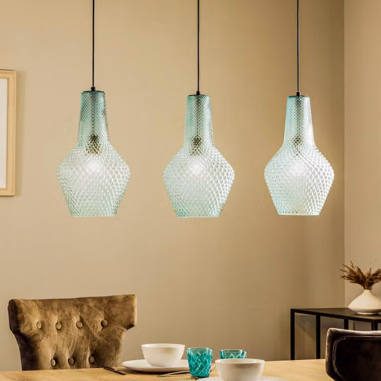 Lampada a sospensione in vetro Drakar Lindby, dimmerabile, Blu, Soggiorno / Sala da pranzo, Vetro, Vintage, Lampada a sospensione