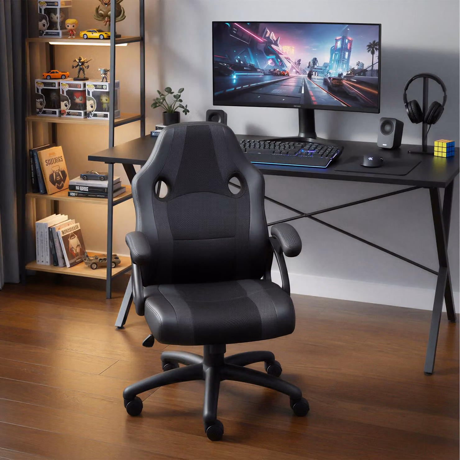 Sedia da gaming Tectake nera in ecopelle e tessuto con ruote e braccioli – 3