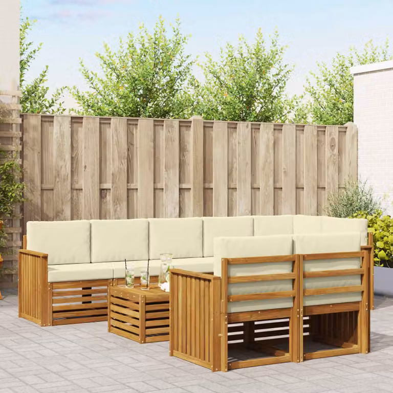 Set di divani da esterno vidaXL a forma di U composto da 9 pezzi in legno di acacia con cuscini beige e bianco per giardino e terrazza