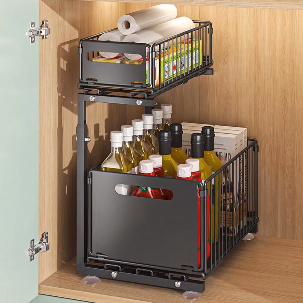 Organizzatore estensibile per armadietti da cucina - Scaffale sotto il lavello - Cassetto estensibile in acciaio per la conservazione - Porta spezie - 1 set