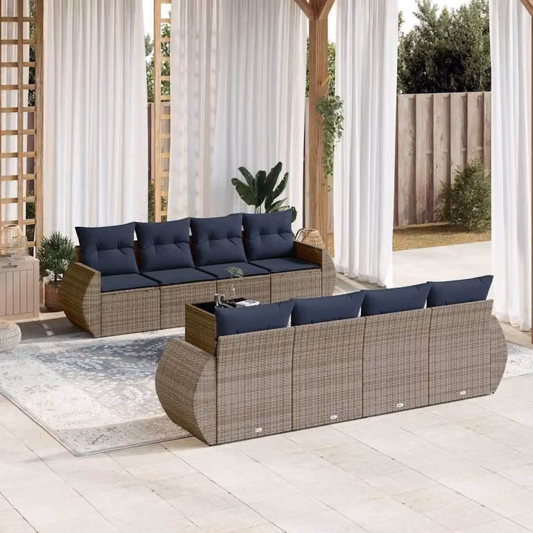Set Divani da Giardino vidaXL 9 Pezzi a Forma di U con Cuscini Blu e Grigio in Polyrattan e Tavolino da Caffè