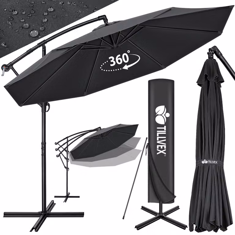tillvex ombrellone antracite Ø 350 cm ombrellone sospeso ombrellone da giardino ombrellone da mercato ombrellone a manovella balcone alluminio inclinabile antracite - Ø350cm