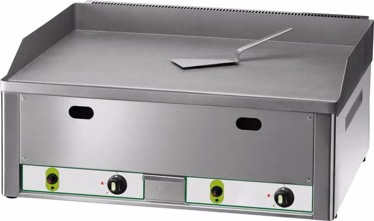 Piastra per grill a gas KBS con 2 zone di riscaldamento, superficie liscia, 2 x 4,0 kW, accensione piezoelettrica, dimensioni 665x600x300 mm.