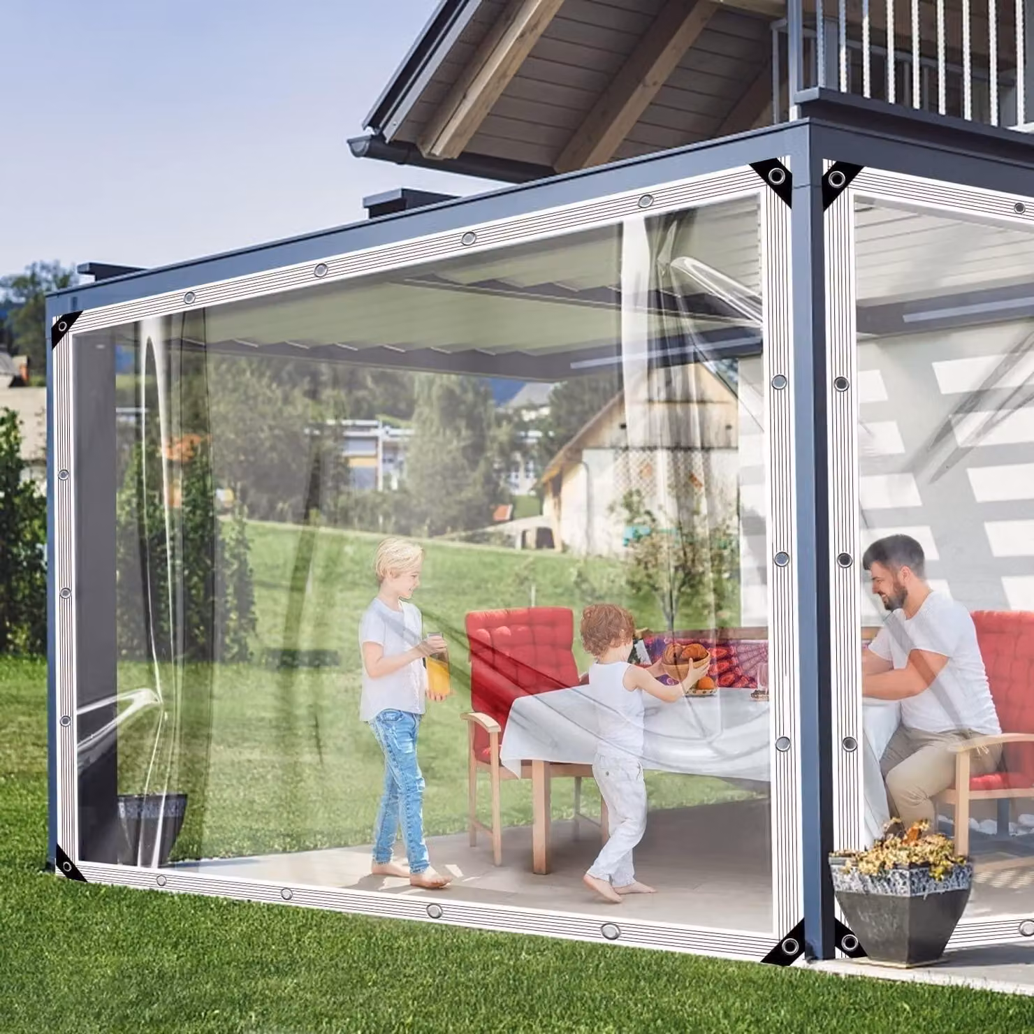 Telo trasparente in PVC impermeabile, con occhielli, ideale per giardino e garage