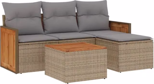 Set Divano da Giardino 5 pz | Set Salotto da Giardino con Cuscini Beige in Polyrattan