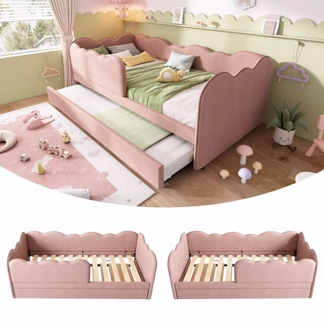 Letto a giorno con estrazione velluto rosa 90x190 cm