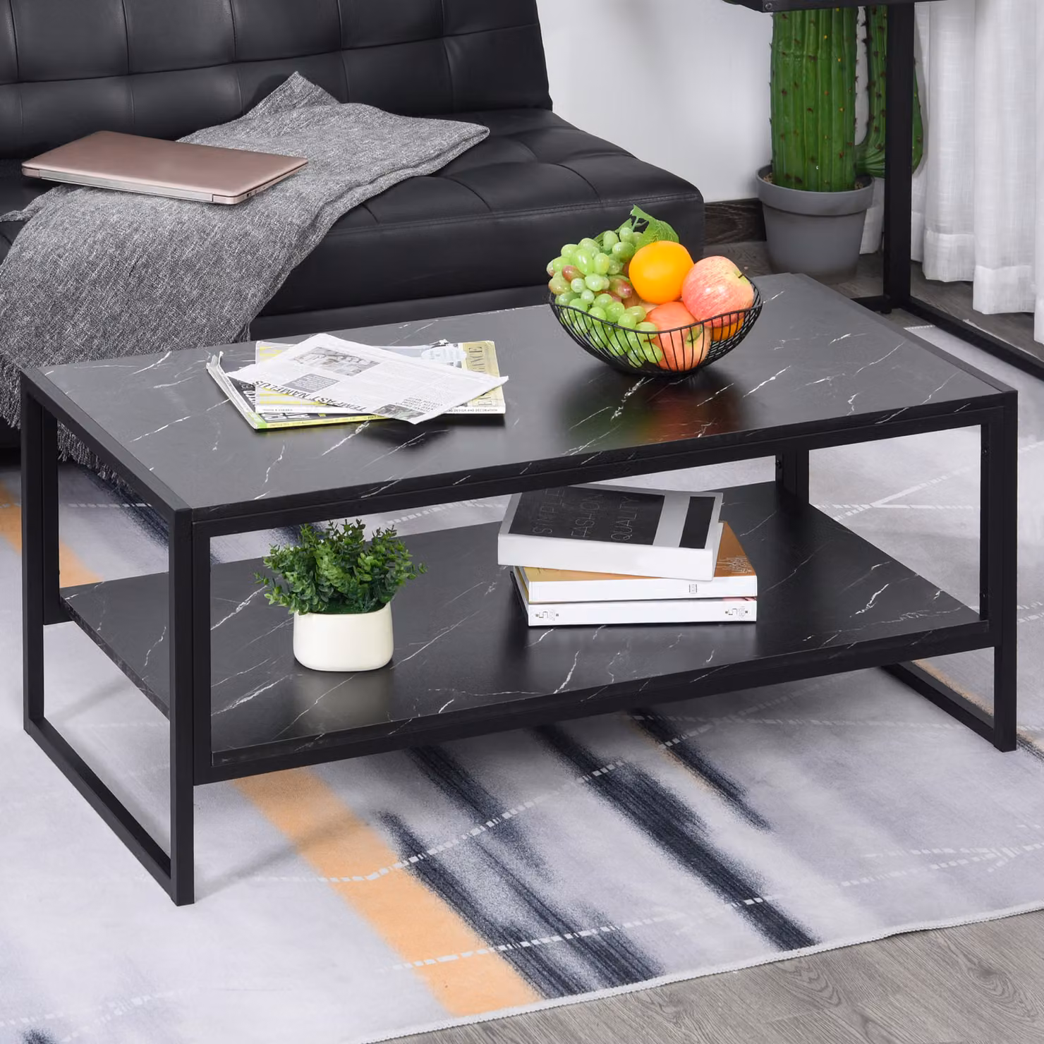 Tavolino da salotto moderno Aosom con scaffale in MDF e acciaio, colore nero – 2