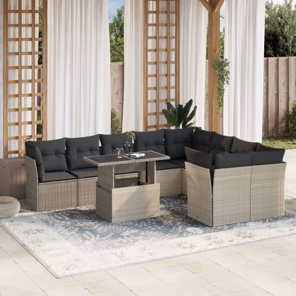 Set Divano da Giardino vidaXL 10 Pezzi in Polyrattan Grigio Antracite con Cuscini e Tavolino – 1