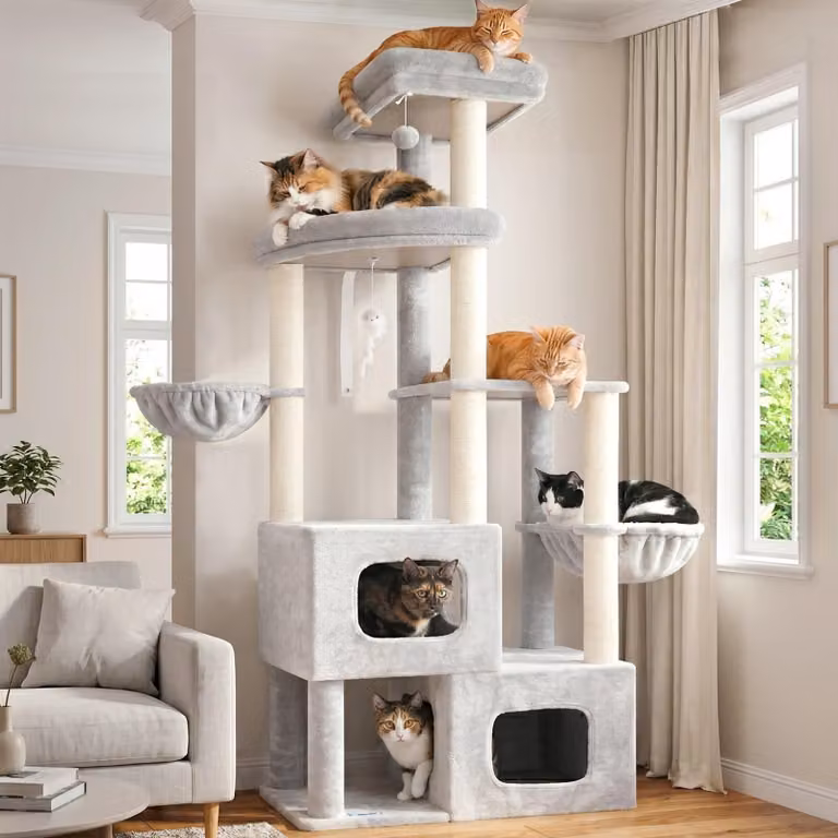 Albero per graffiare stabile, alto 181 cm, ideale per gatti di grossa taglia, con 2 rifugi