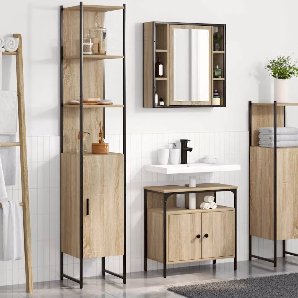 Set di mobili per il bagno moderno vidaXL in 3 pezzi color rovere con specchio, mobile lavabo e colonna alta, L/P/H: 185.5 x 33.0 x 47.5 cm – 1