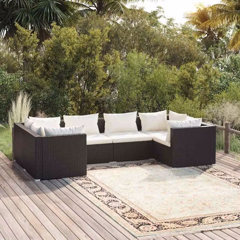 Set Mobili da Giardino vidaXL 6 pz a Forma a L con Cuscini Imbottiti in Polyrattan e Metallo Nero e Beige