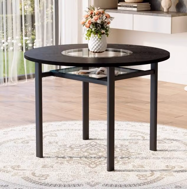 Tavolo da pranzo rotondo MODFU in MDF nero con inserto in vetro e struttura in metallo, Diametro: 100 cm