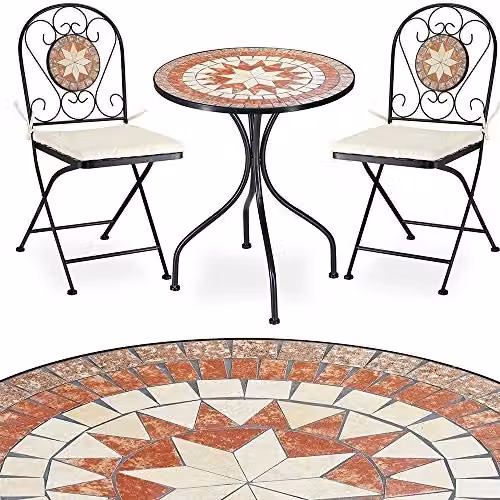 Set Tavolo e Sedie Pieghevoli Bakaji con Cuscini in Metallo Verniciato a Polvere per Giardino e Terrazzo, Design Mosaico Geometrico Multicolore – 2