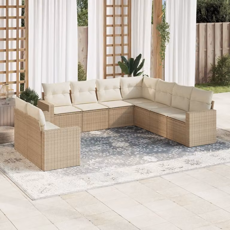 vidaXL Set Divano da Giardino a Forma di U composto da 9 Pezzi con Cuscini Beige e Struttura in Metallo e Rattan