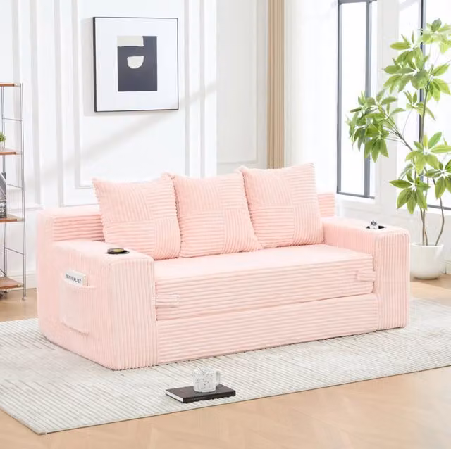 Divano modulare da pavimento 2 posti in velluto a coste rosa con portabicchieri HOMVRA