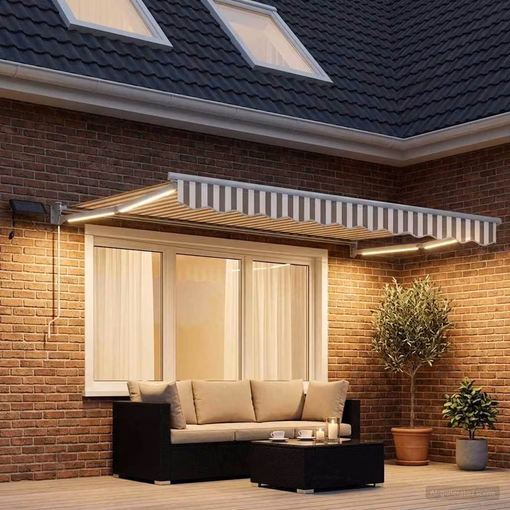 Tenda retrattile manuale con LED vidaXL in poliestere e acciaio, Grigio chiaro e bianco