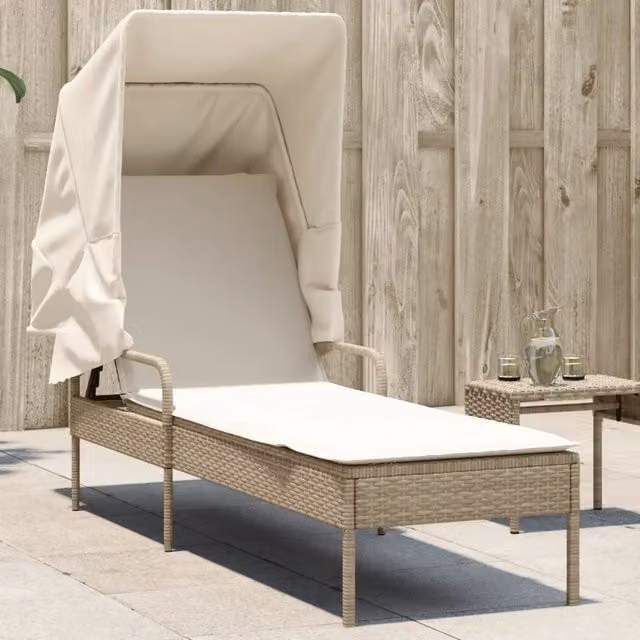 Lettino Prendisole con Baldacchino Beige in Polyrattan 368192