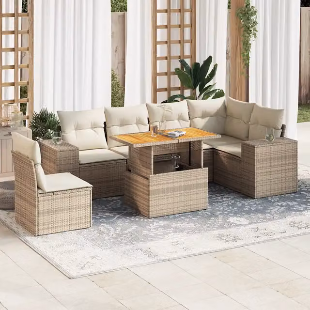Set Divani da Giardino 7 pz con Cuscini Beige in Polyrattan 3327383